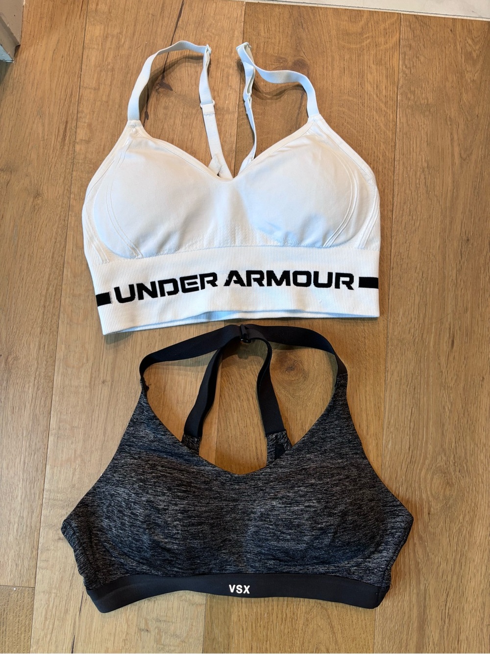 Under Armour White & Black Logo Seamless Sports Bra + Gray VSX Support Bra